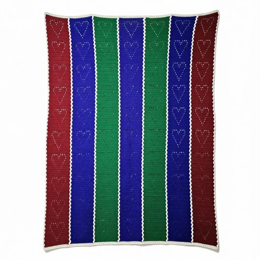 Handmade Stripe Heart Crochet/Knit Afghan Blanket Throw Brown Blue Green 66